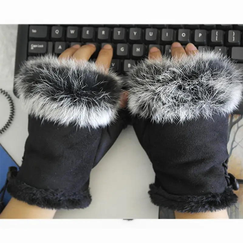 

Wholesal student cute winter fingerless gloves thick gilr thick real fur rabbit trim pompom ball gloves wrist winter warm mitten