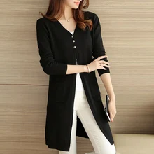 Длинный женский кардиган, Осень-зима, женский кардиган с длинным рукавом, свитер, вязаный кардиган для женщин, свитер, черный, красный, хаки