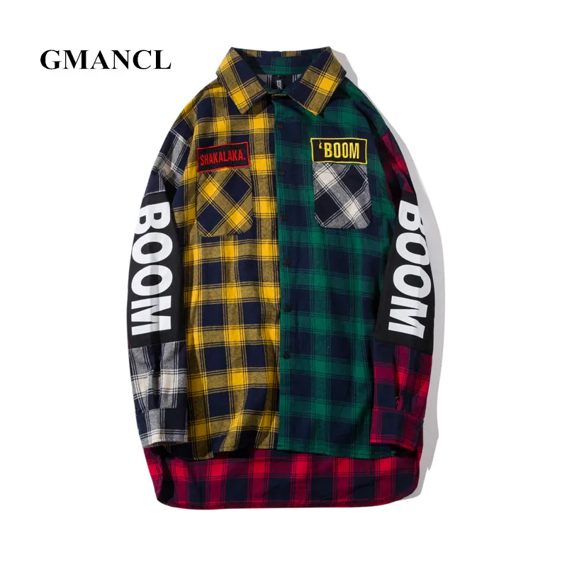 

GMANCL Multi color Stitching Mens Hip hop Loose Extended Lattice Shirts letter printed Long sleeves High street Casual Shirts