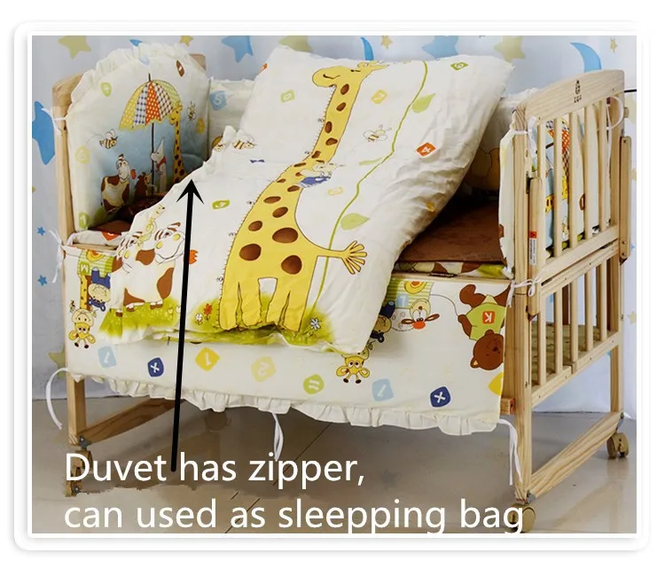 

Promotion! 6PCS baby cotton Applique animal crib bedding set quilt bed around (3bumpers+matress+pillow+duvet) 100*60/110*65cm