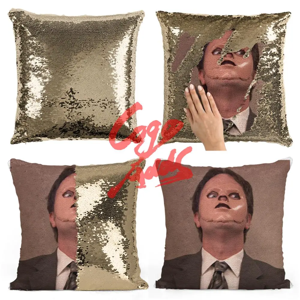 Подушка dwight schrute с пайетками и лицом наволочка двухцветная подушка в подарок для