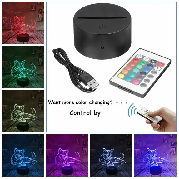 3D ночник кошка 3D лампа Оптическая иллюзия ночные светильники сенсорный переключатель прикроватная лампа 7 цветов светодиодный светильник подарки на день рождения для девочек - Испускаемый цвет: Remote 16 Colors