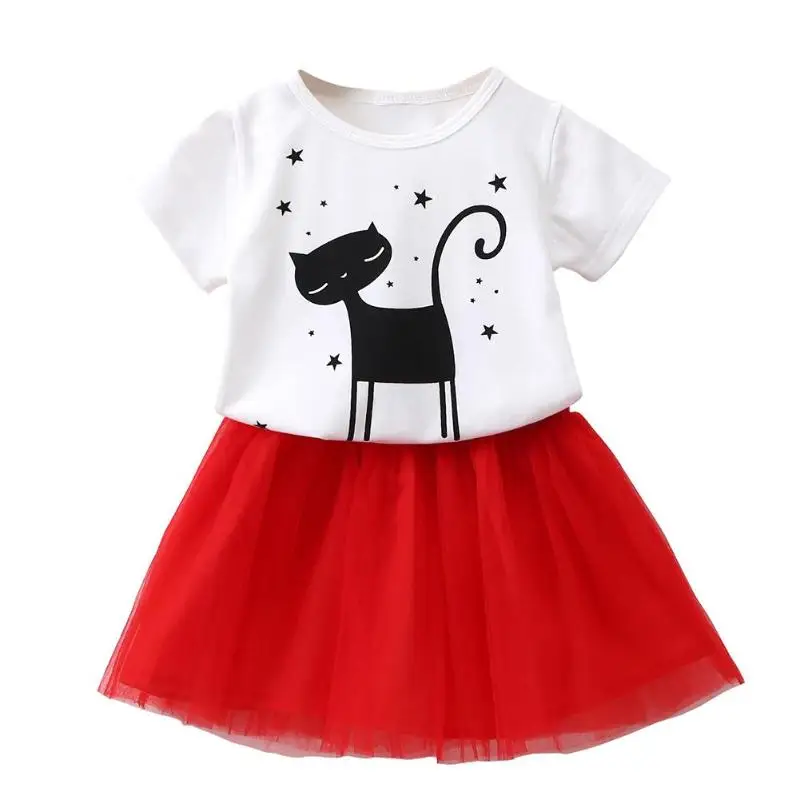

Cute Cartoon Cat Summer Girls 2 Piece Clothes Set O-Neck T-shirt Skirt Suit