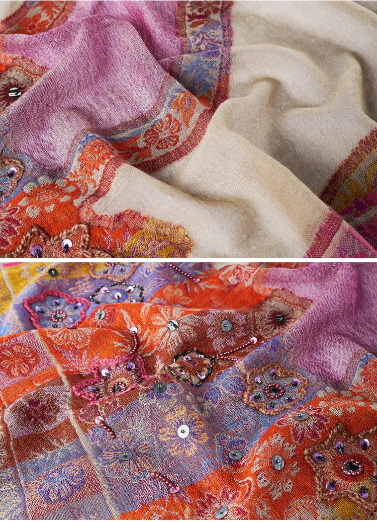 Шарф в индийском стиле Женская Ручная вышивка стразами вышивка растение печать и окрашивание утолщение этнический Ветер вареная шерсть шарфы-шали для дам