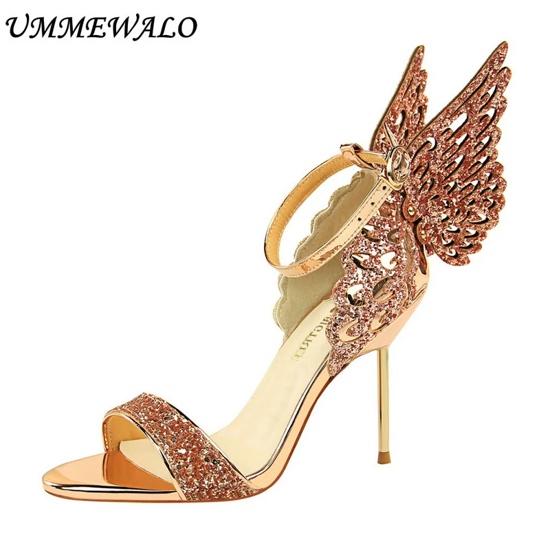 

UMMEWALO Ankle Strap High Heel Shoes Women Wings Design Sexy Peep Toe Sandals Women Super High Shoes Ladies Shoes