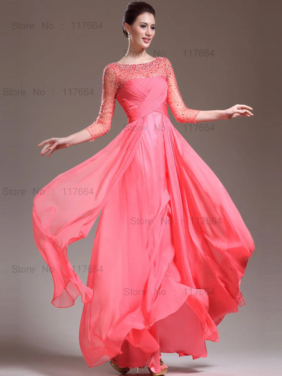 Elegant Beaded Flowy Chiffon Bateau Neckline 3/4 Sleeves Evening Dress
