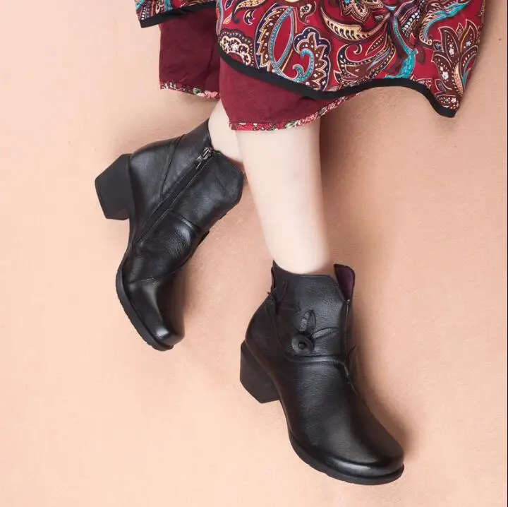 Весенне-осенняя женская обувь г., зимние женские ботинки из натуральной кожи ботильоны на среднем каблуке рыцарские сапоги - Цвет: Черный
