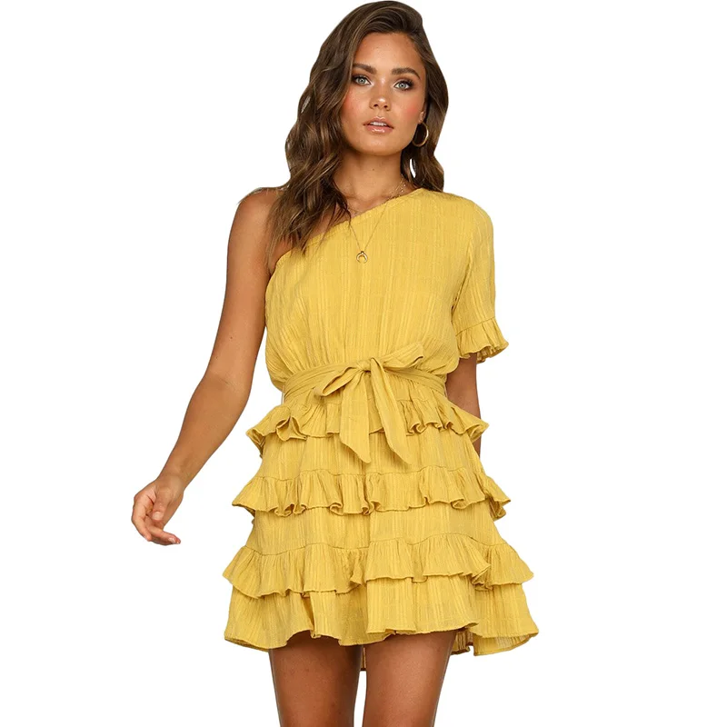 

Women Summer Dress One Shoulder Layered Ruffle Crinkled Belted Dresses Woman Party Night Solid Tunic Bohemian Evening Mini Dress