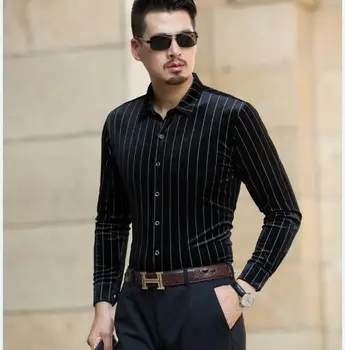 

New arrival 2017 mens gold velvet dress shirts autumn fashion striped shirt long sleeve male gold velvet shirts