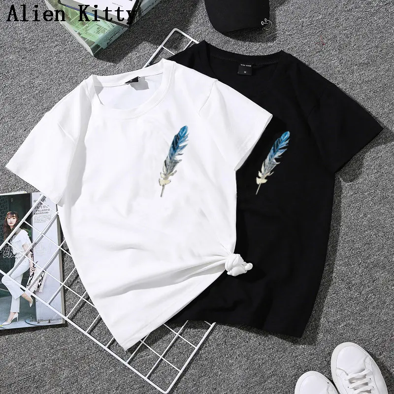 

Alien Kitty Fresh T-shirts Summer Loose Simple Cute Sweet Casual O-Neck Fresh 2019 Fresh Short Sleeve T-shirt 2 Colors Plus Size