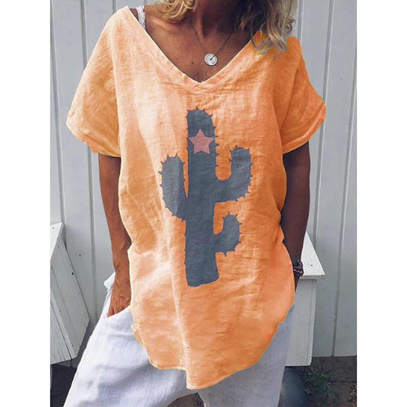 Summer Hot Popular Womens Casual  Plant Printing  Cotton Linen V Neck T Shirt Ladies Summer Baggy Short Sleeve Tops Blouse 2019