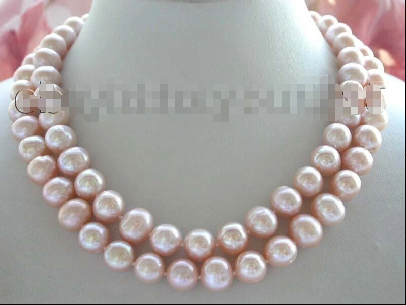 

FREE SHIPPING 17-18" Double Genuine Natural 12mm Pink Pearl Necklace zircon Clasp!