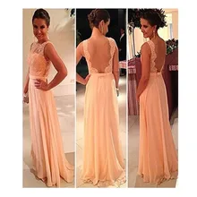 Neue einfache Blush Sheer Zurück lange prom Kleid mit Appliques Chiffon Foraml Abendkleid Benutzerdefinierte Vestido De Festa Gala jurken