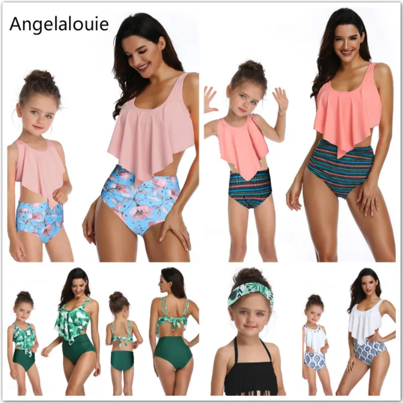 

2019 New Swimsuit Mother Daughter Clothes Printing piece double lotus leaf Parent-Child Swimwear Matching Family Outfits