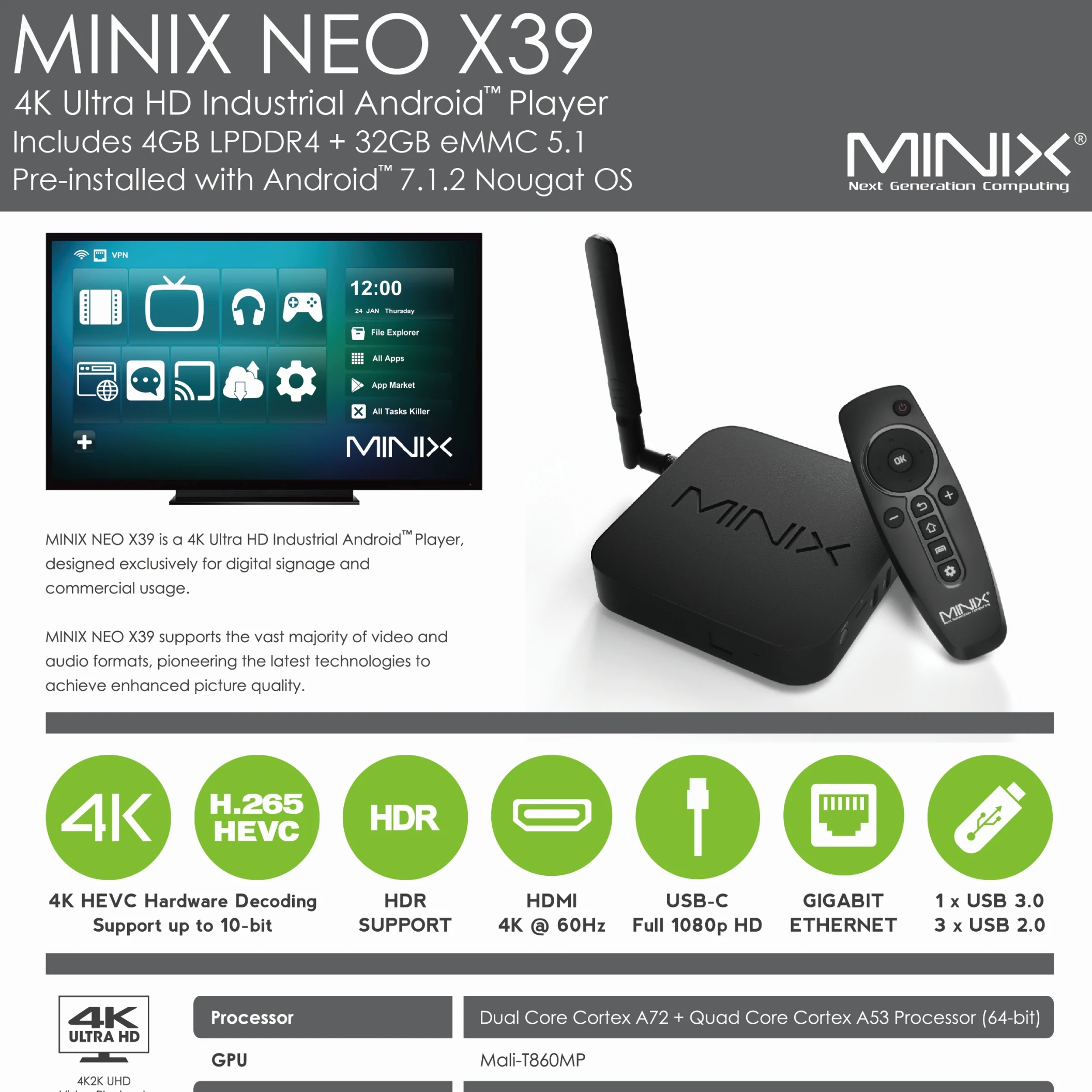 MINIX NEO X39 промышленный ТВ коробка ТВ-приставка/4 K плеер 64 бит, объемом памяти 4 Гб/32 ГБ mit USB-C Android 7.1.2 плеер с SOC с двумя камерами, процессор Rockchip 3399 ТВ коробка