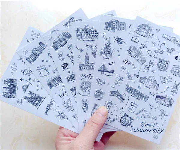 

6 pcs/set Famous Building Stamp Sticker World Sightseeing Tours PVC Transparent Sticker Diary Stickers