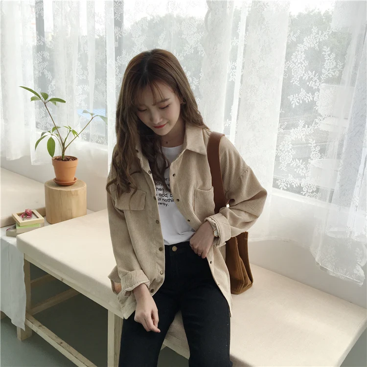 2 colors spring and autumn Loose Shirts Korean Solid Blouse Long Sleeve Corduroy blouses Women Tops outwear coats C6016