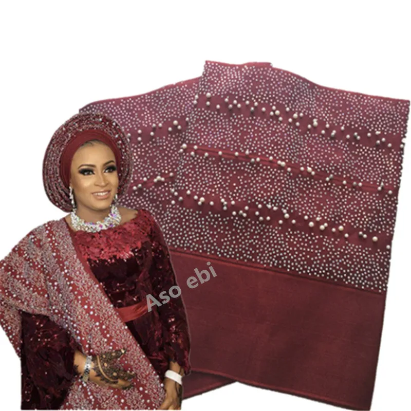 

Nigerian Headtie Gele Aso oke Fabric with Stones and Beads High Quality African Aso Oke Headties Aso Ebi for wedding-AH30