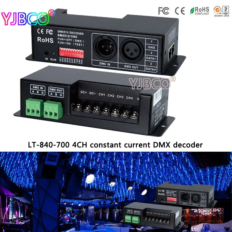 

LT-840-700 DMX-PWM 4CH constant current decoder;DC12V-DC48V input;700mA CC*4CH led controller for rgbw led strip light lamp