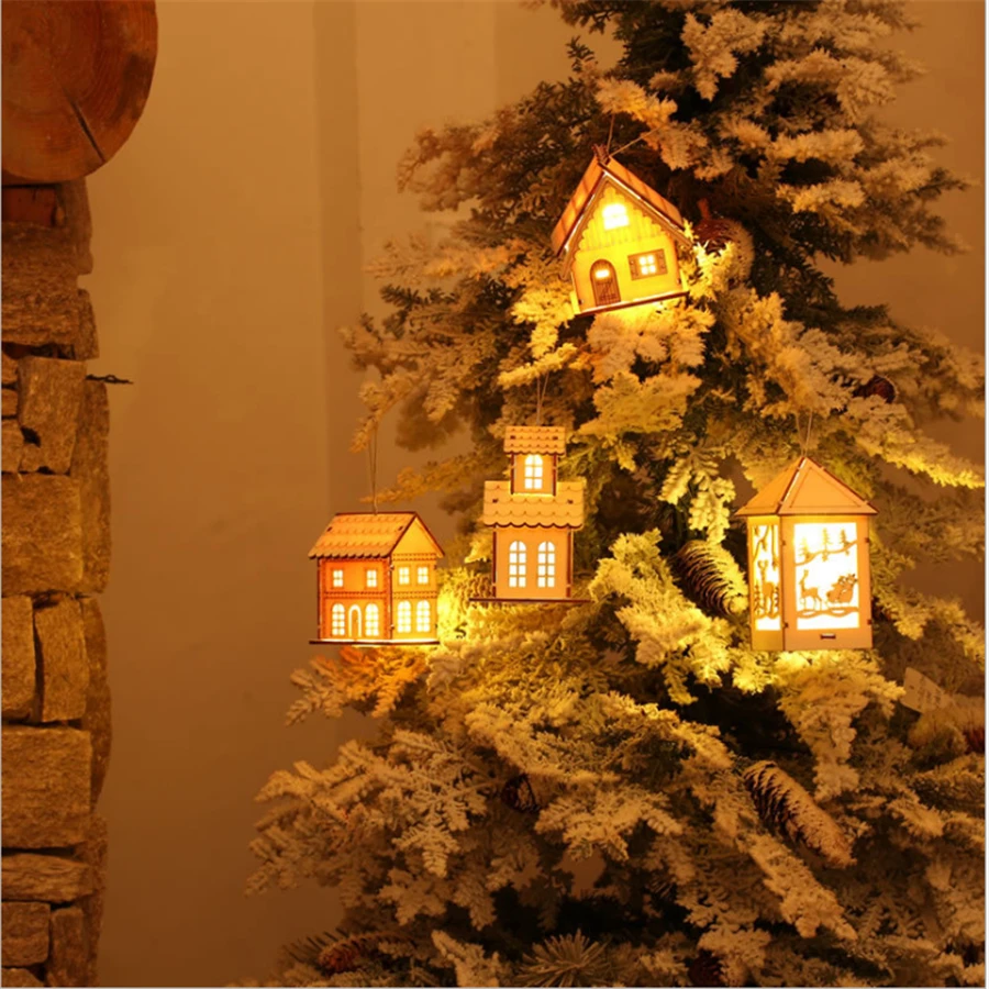 

Wooden Pendant LED Lights Cafe Bar Sleigh Log Cabin Ornaments Party Decorations Xmas Tree Ornaments Kids Gift