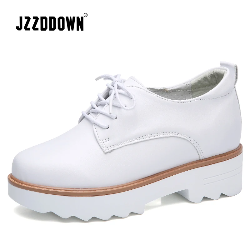 

JZZDDOWN platform sneakers Genuine Leather shoes woman pig suede wedding shoes Ladies Lace Up loafers women White sneakers
