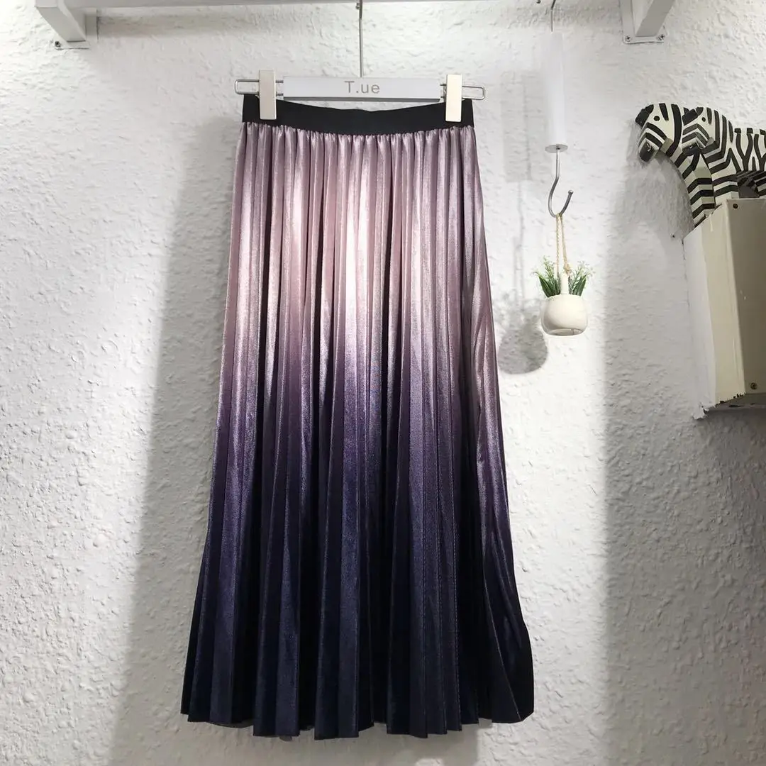 

2018 Korean Autumn Winter Elegant Pleated Skirt Women Vintage Office Lady Sweet Gradient Fashion Gold Velvet Skirt