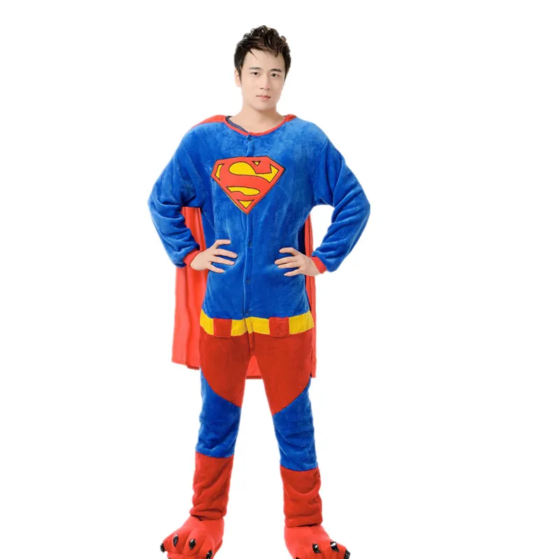 Взрослых фланель Kigurumi супергерой Супермен косплей костюм, унисекс Комбинезоны пижамы Хэллоуин карнавал-маскарад Вечерние комбинезон