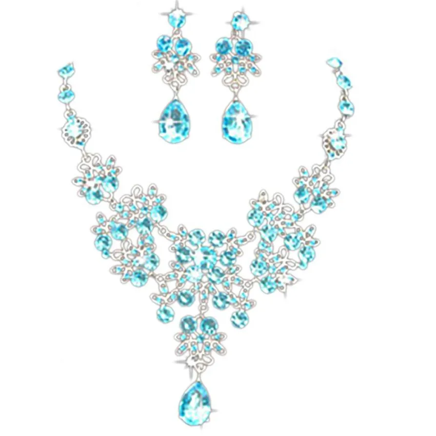 Модные популярные Ювелирные наборы, очаровательные свадебные ювелирные изделия на выпускной, кристаллы, стразы, ожерелье, серьги, набор, высокое качество, дропшиппинг, ju13 - Окраска металла: Light Blue