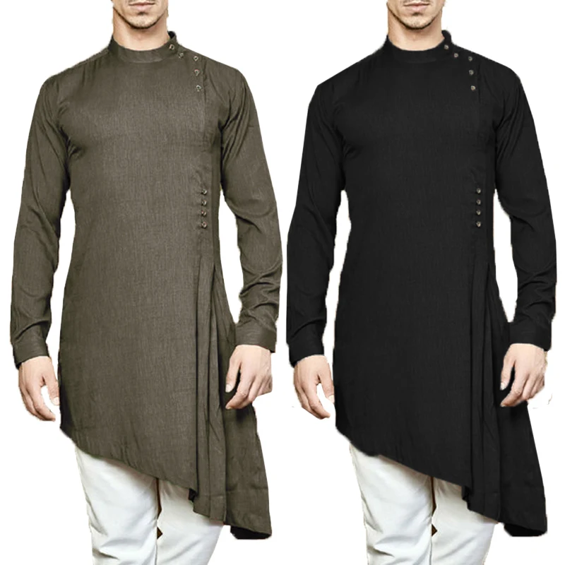 Chic Islamic Suit Dress Men Shirt Long Sleeve Muslim Asymmetric Hem Kaftan Aaudi Arabia Indian Men Tops Clothing Robe