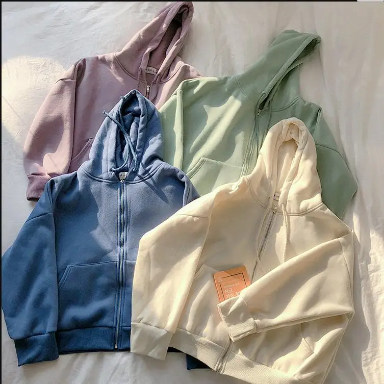 

Solid color winter thick plus velvet comfort warm hooded zipper sweatshirt