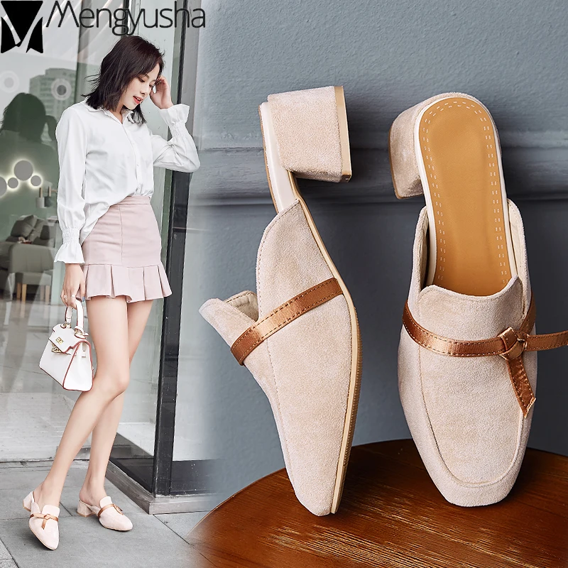 

Mules shoes retro bowknot flock thick heels slippers woman summer casual slides solid closed toe femme flip flops non-slip shoes