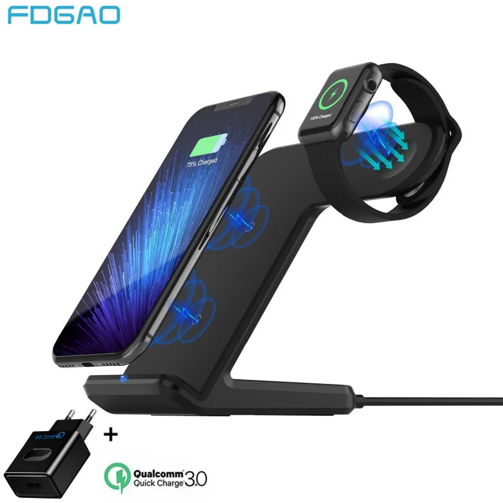 FDGAO Qi Wireless Charger For Apple Watch 4 3 2 iPhone 8 Plus X Xs Max XR Samsung S9 S8 QC 3.0 USB Fast Wireless Charging Holder