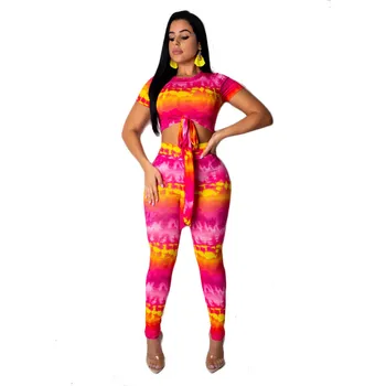 

Tie Dye Print Summer Two Piece Set Women Short Sleeve Crop Top Bodycon Pants Set Party Club Casual Woman 2 Pieces Sets Outfits