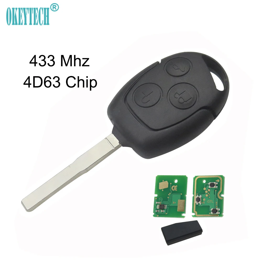 

OkeyTech for Ford 3 Button 433Mhz 4D63 40/80 Bit Transponder Chip Remote Control Car Key for Ford Focus Fiesta Uncut HU101 Blade