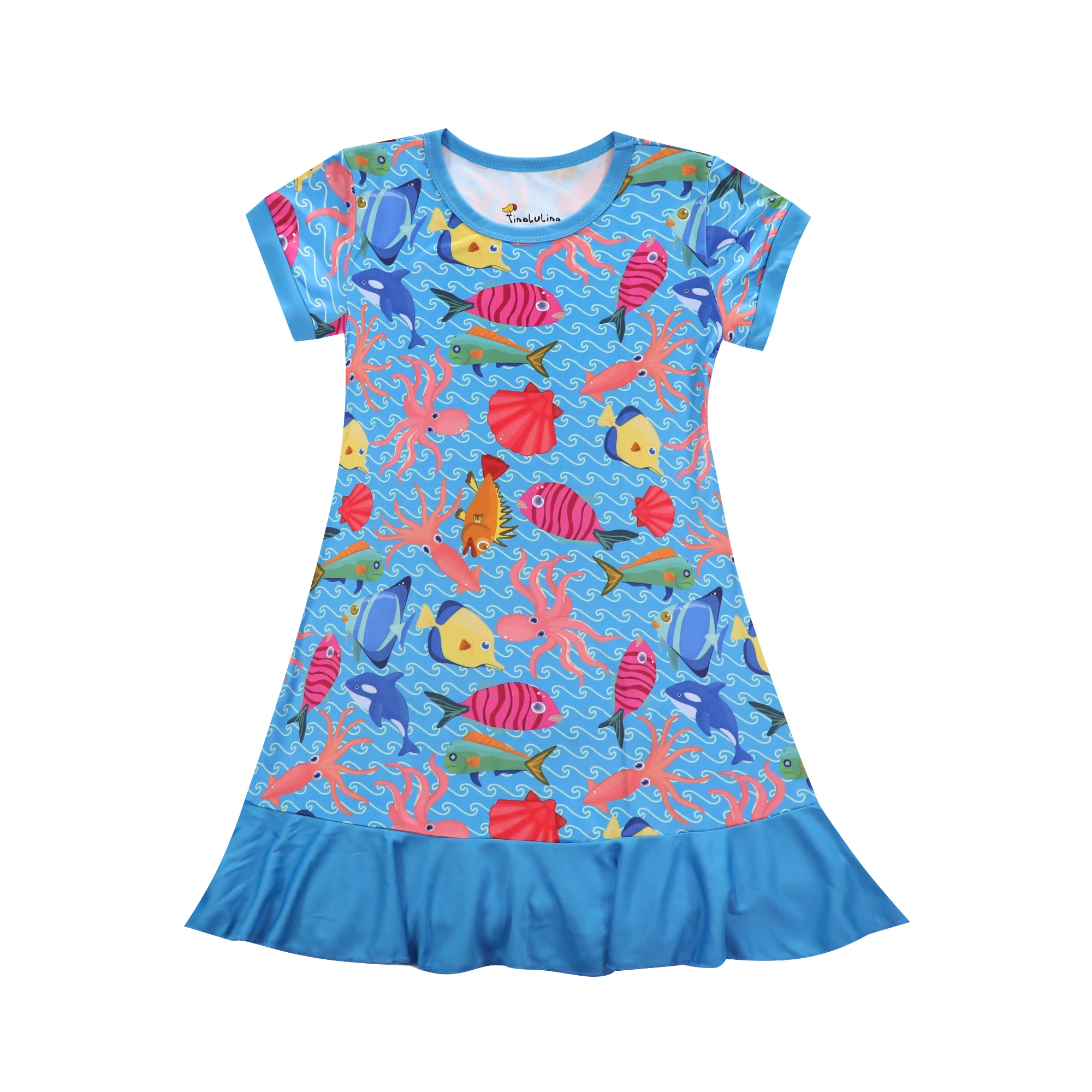 

2019 Summer Short Sleeve Spandex Dress Girls Ocean Fish Octopus Cartoon Printed 3D Dresses Kids Robe Fille Dresses for 2-10Yrs