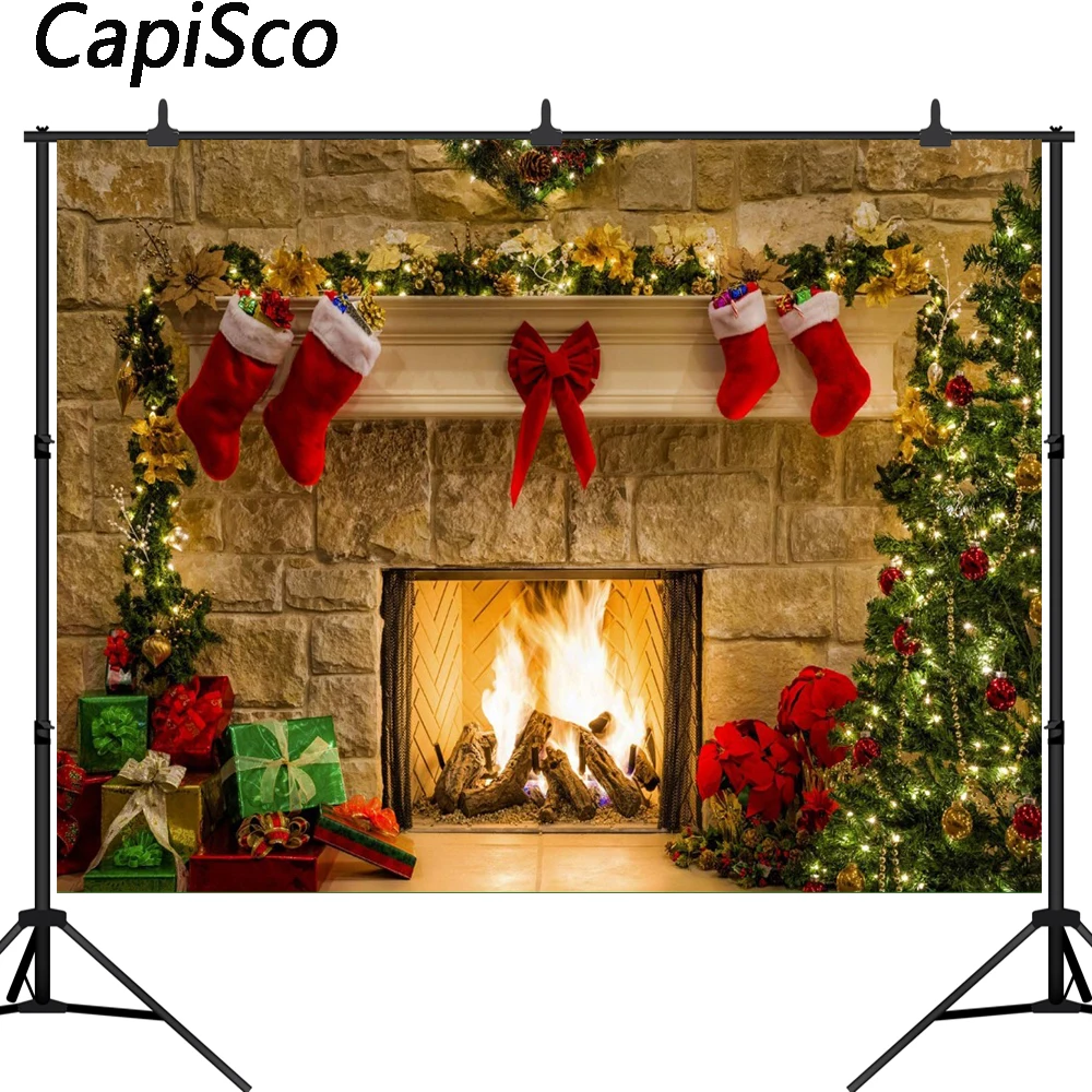 

Capisco Christmas Tree Backdrop Fireplace Photo Background White Brick Wall Photography Backdrops Santa Claus Sock Photo Studio