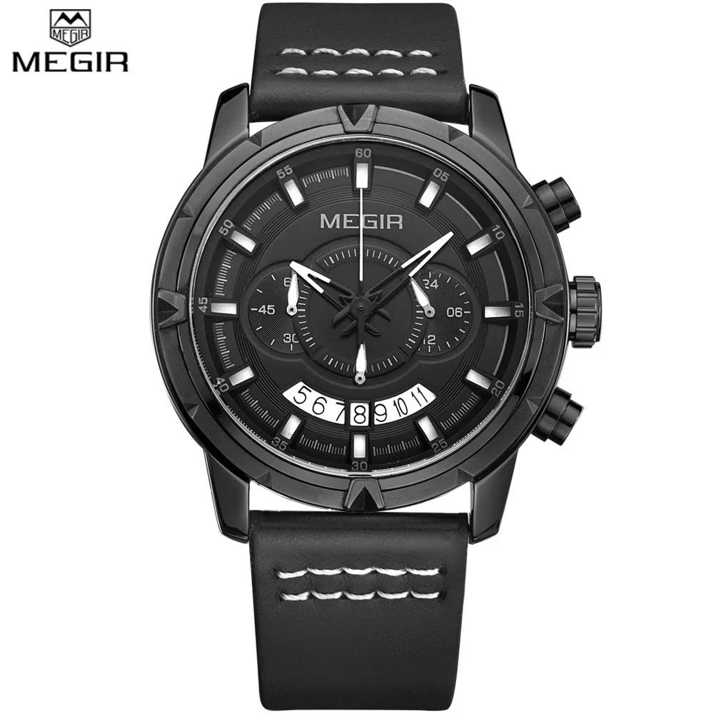 

Famous Brand New MEGIR quartz watch Genuine Leather watches Waterproof Men Casual Sports Chronograph Clock male reloj hombre