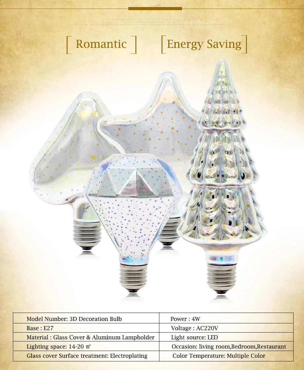 3D светодиодный светильник для украшения E27 фейерверк лампа AC85-265V A60 ST64 G80 G95 G125 Сердце Звезда Рождественская елка Новинка праздничный светильник