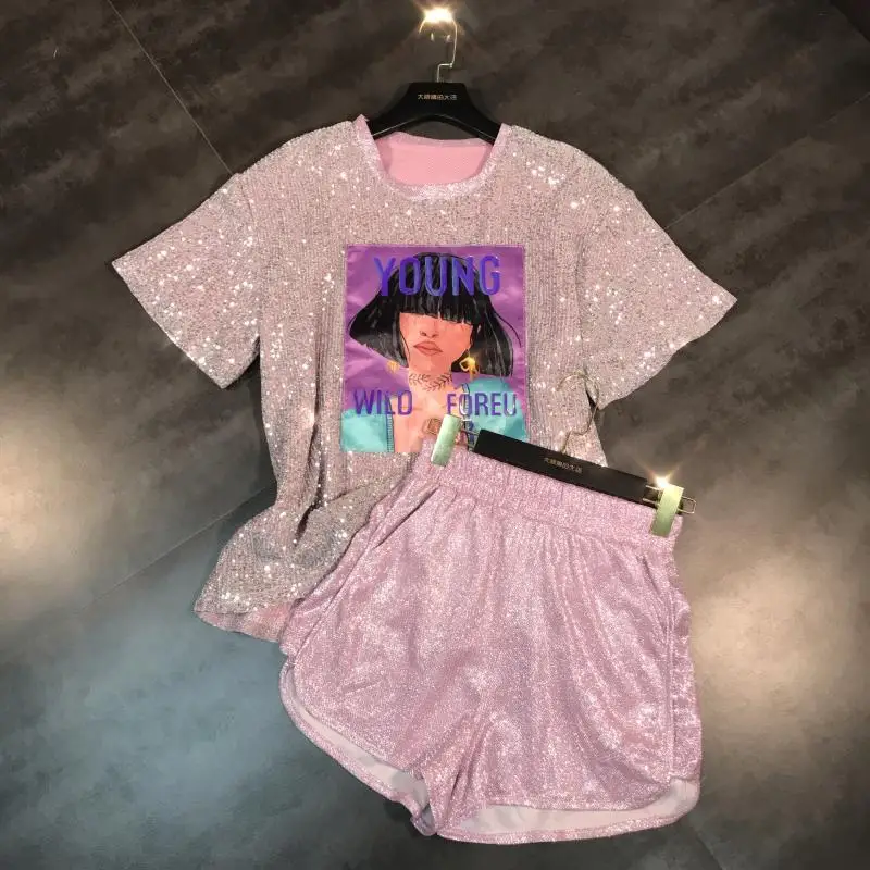 

2019 New Summer Character Letter Printed Bright Silk T-shirt + Leisure Shorts Two-piece Female Students Fashion Shorts Set