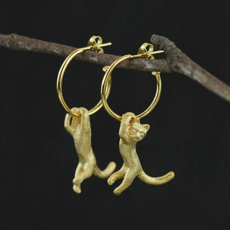 

JINSE Real 925 Sterling Silver Natural Creative Handmade Fine Jewelry Cute Kung Fu Cat Drop Earrings for Women Brincos