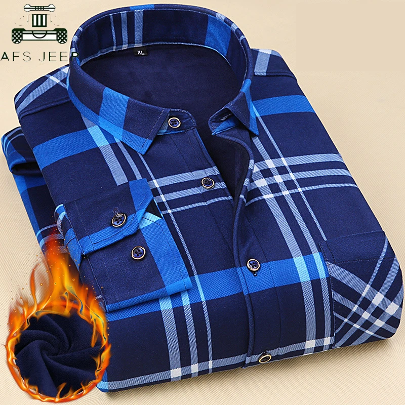 

Autumn Winter Thickening Warm Plaid Men Shirt Casual Long Sleeve Male Social Business Dress Shirt Plus Size 4XL Chemise Homme