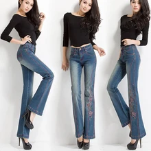Брендовые брюки, красивые джинсы с цветочной вышивкой и высокой талией для женщин, уличная одежда, обтягивающие брюки-клеш для женщин размера плюс, синие брюки