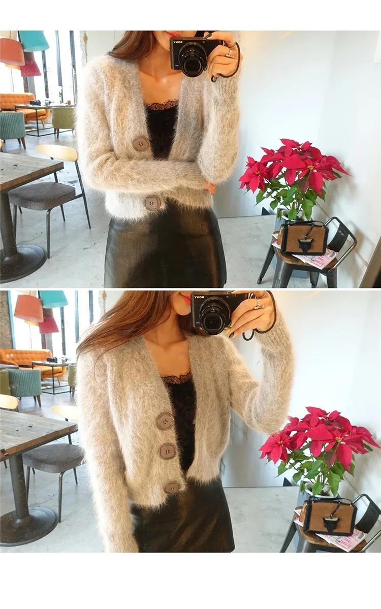 DANJEANER Korean Style Women Solid Mohair Short Cardigan Autumn Winter Warm Fashion V Neck Knitted Sweaters Pull Femmee Jackets