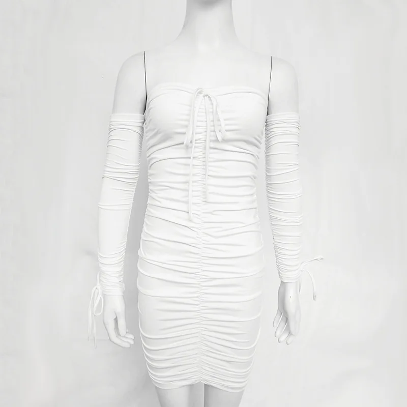 

tube Dress Strapless Women Summer pleated White Yellow Red Black Brown Off Shoulder Long Sleeve Mini Party Dress Vestidos 2019