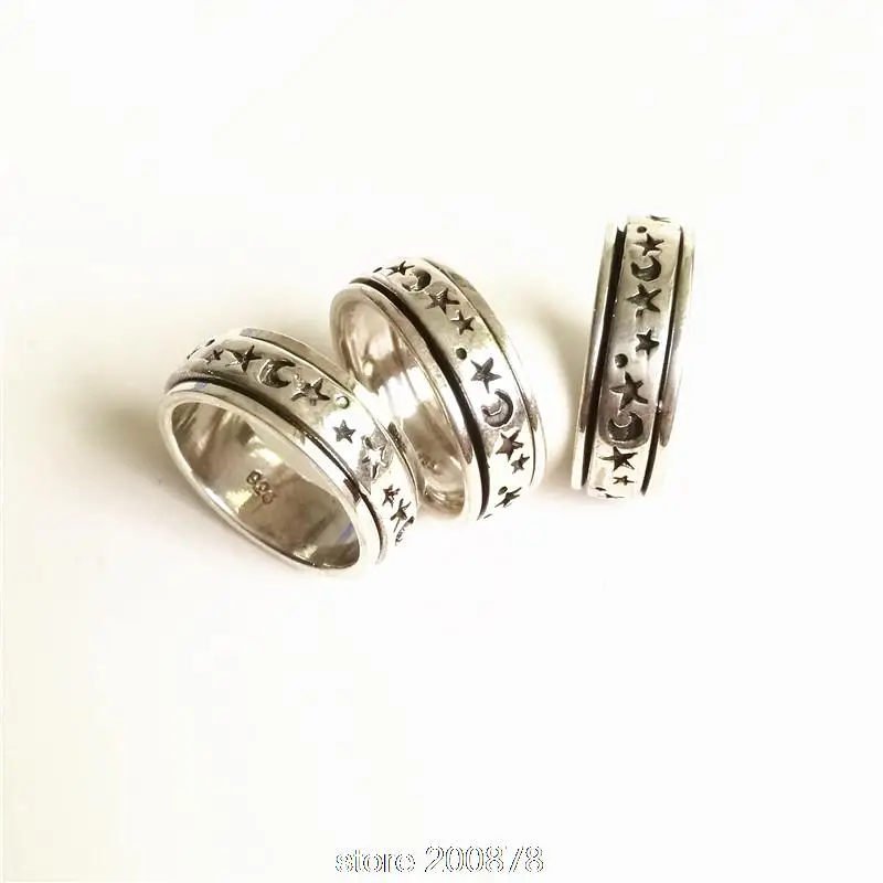 

T9182 Nepal 925 Sterling Silver Male Rings Tibetan Sun Star Moon Amulet Totem Close Spin Lucky Rings