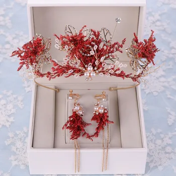 

Handmade Pearls Bridal Crowns Earrings Set Dry Flowers Crystal Bride Wedding Headpieces Hair Accessories Women Hairband Tiaras