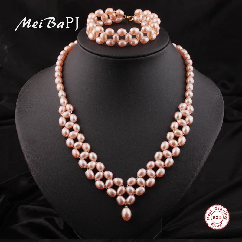 

[MeiBaPJ]New Fashion Pink Natural Freshwater pearl Jewelry Sets 925 Sterling Silver Fine Wedding Jewelry for Women