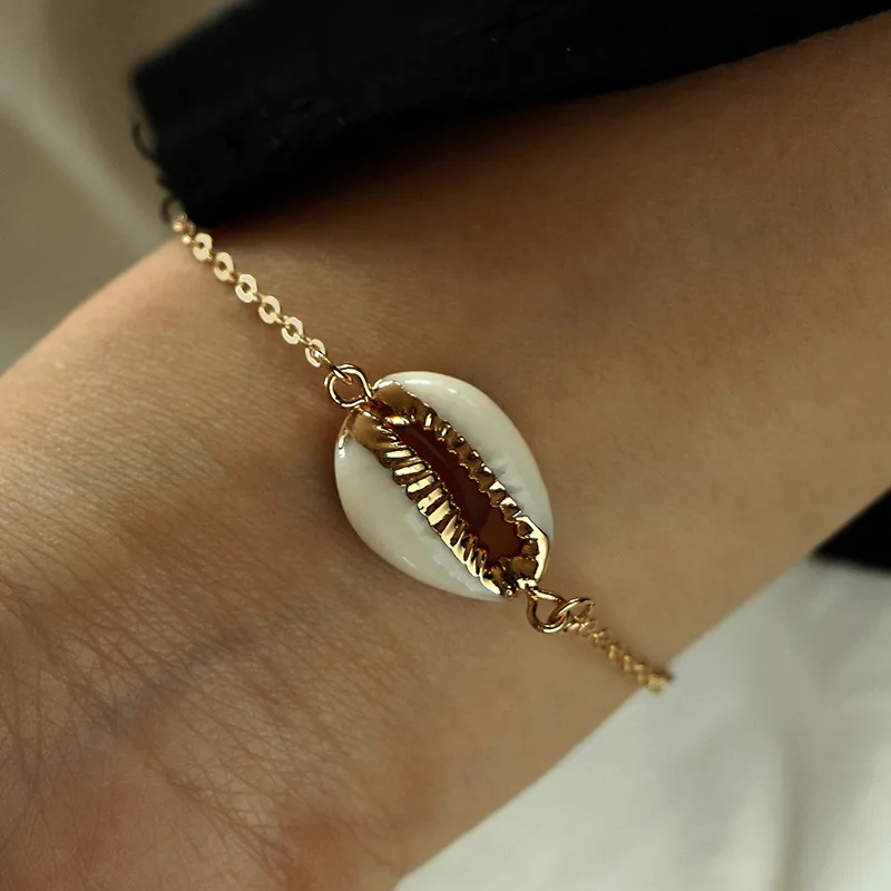 

1 Pcs New Fashion Style Wholesale Gold Color Genuine Cowrie Shell Bracelet In Adjustable Fashionable Chain Bracelet For Women