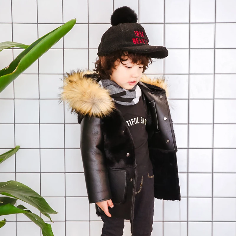 2018 Winter New Children Pu Leather Jacket With Rabbit Fur