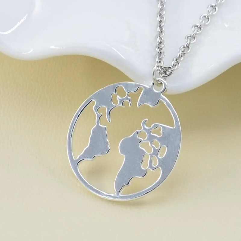 

12PC Wholesale Hollow Globe Silvery World Map Metal Earth Pendant Necklace Women Girl Friend Gift Travel Outdoor Jewelry Present